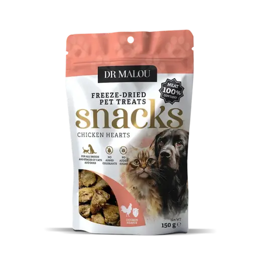 Gardumi suņiem un kaķiem - DR Malou, Freeze-dried hearts for dogs and cats 100% chicken hearts 150g