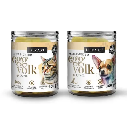 Vitamīnizēta papildbarība - DR Malou, Freeze-dried quail egg yolk for cats and dogs 100g