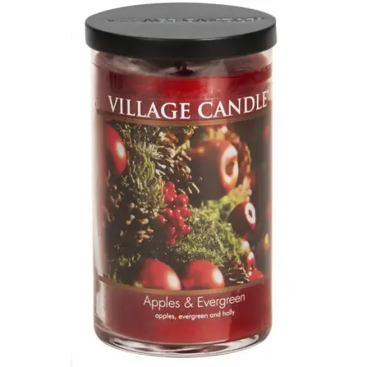 Village Candle Apples & Evergreen Large Tumbler Glass Jar, Scented Candle, 19 Oz., Red