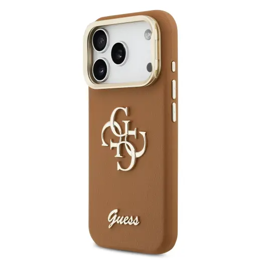 Guess PU Grained 4G Logo Stand Camera Frame Case for iPhone 17 Pro Brown
