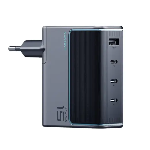 Cuktech AD1404UEU kelioninis įkroviklis | 140W | GaN | USB-C, USB-A | su USB-C laidu komplekte | pilkas