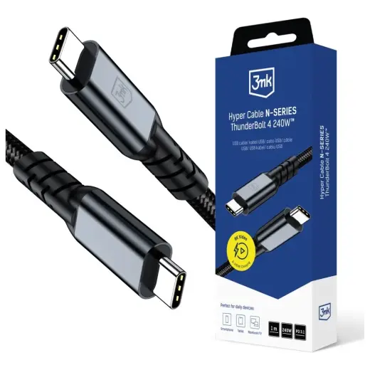 3MK Hyper N-SERIES duomenų perdavimo ir įkrovimo laidas | USB-C į USB-C | 240W | Thunderbolt 4 | 1m | juodas