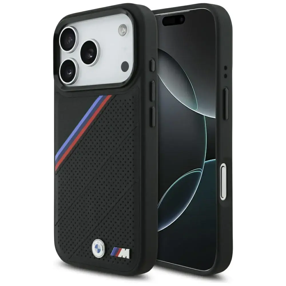 BMW M Tricolor Metal Logo maciņš ar MagSafe atbalstu telefonam iPhone 17 Pro melns