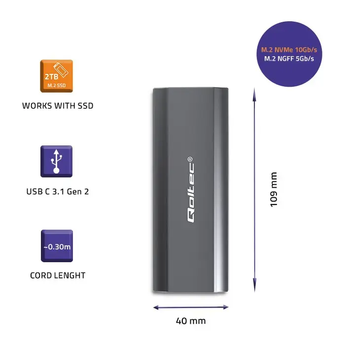 Qoltec Enclosure NV2271 for drive M.2 SSD | SATA | NVMe | USB-C | 2TB