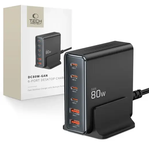 TECH-PROTECT DC80W tīkla lādētājs | 80W | GaN, PD, QC3.0 | USB-A | melns