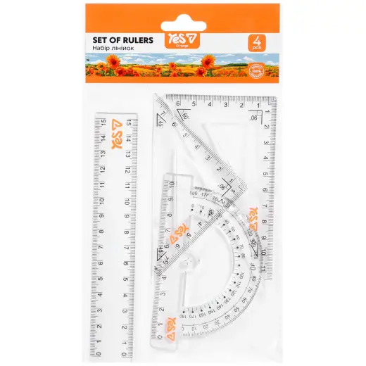 Lineālu komplekts YES Orange Line, 4 priekšmeti, lineāls 15 cm.