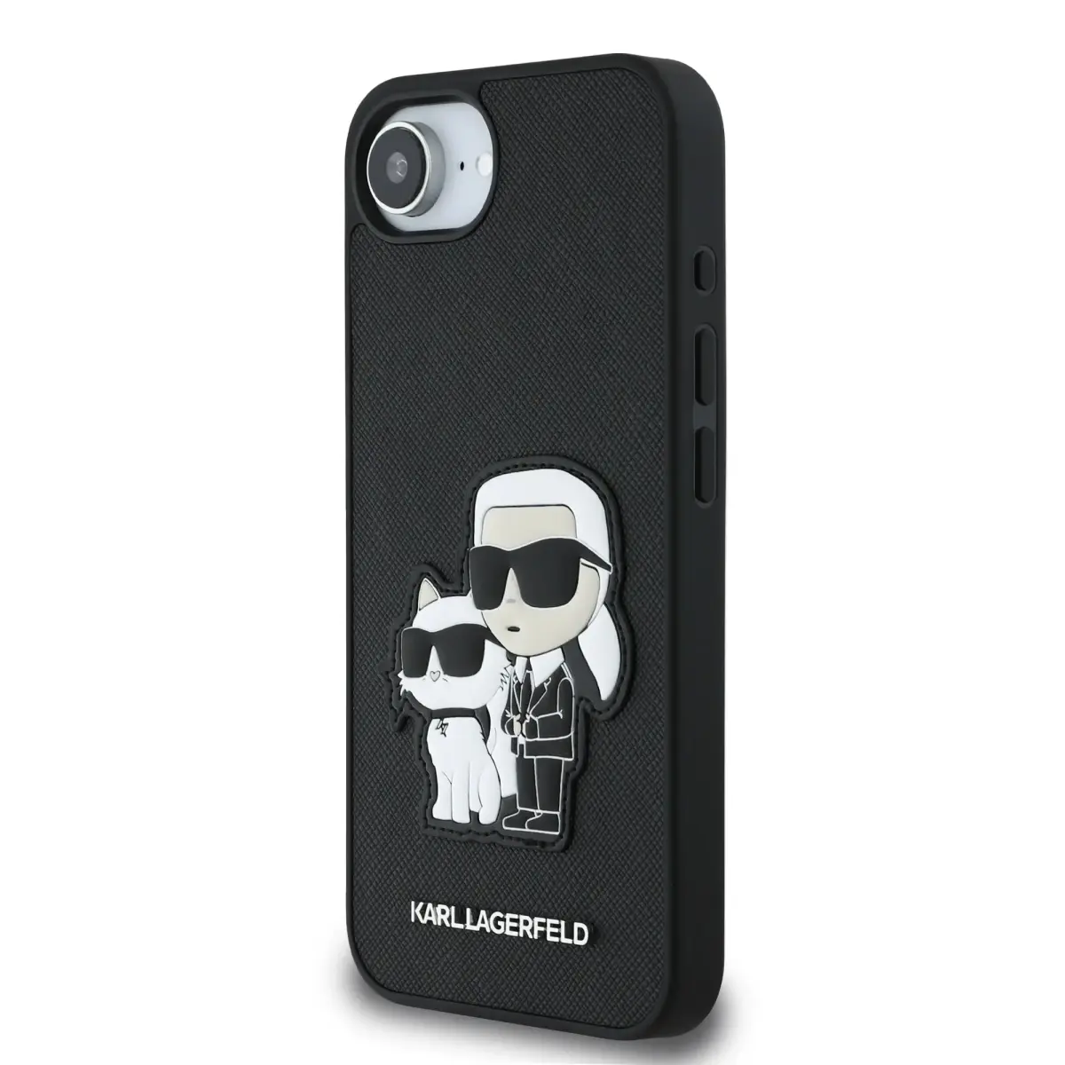 Karl Lagerfeld PU Saffiano Karl and Choupette telefoniümbris iPhone 16e jaoks, must
