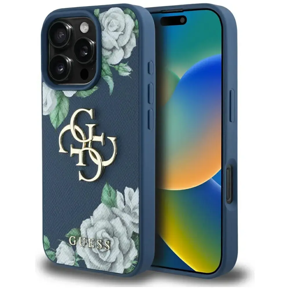 Guess Grained Roses Big 4G logo telefona maciņš iPhone 16 Pro zilā krāsā