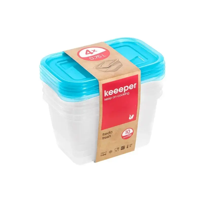Maisto indelių rinkinys stačiakampis 4x0,75L Fredo "Fresh" skaidrus/šviesiai mėlynas
