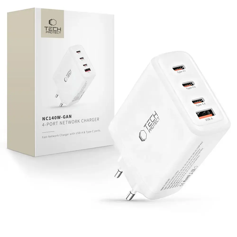 Tech-Protect NC140W-GAN tīkla lādētājs | 140W | PD, QC, GaN | USB-C, USB-A | balts