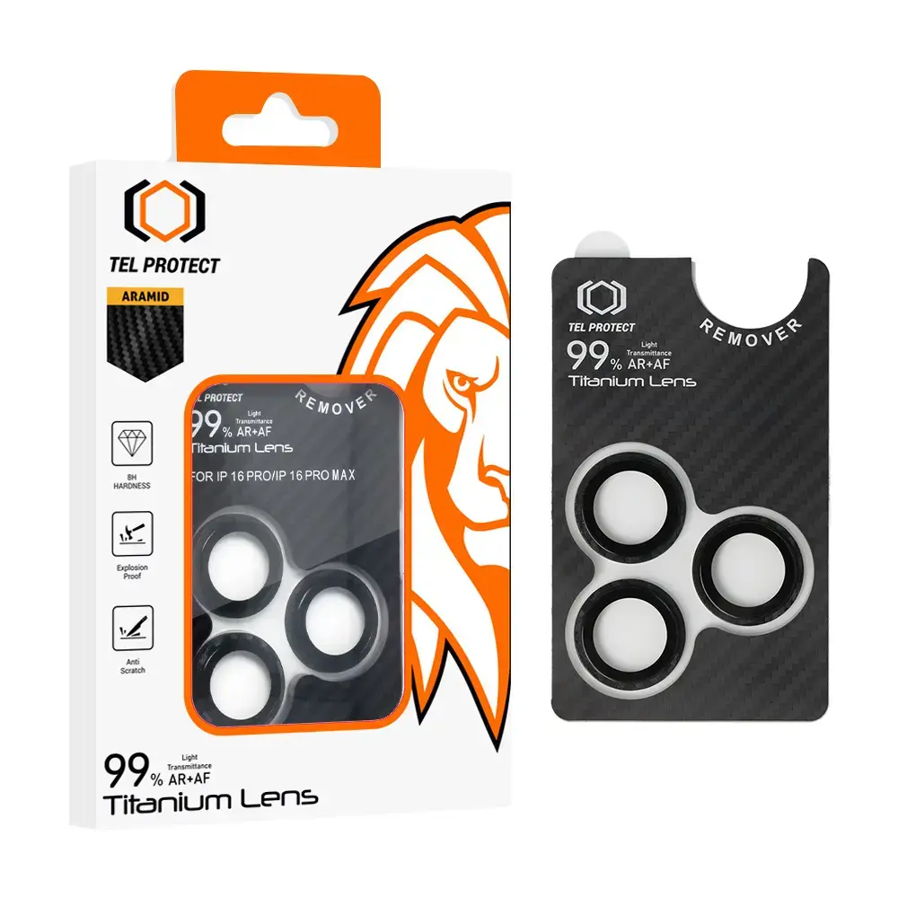 Tempered glass Tel Protect Titanium Lens 99% AR Aramid Series on camera for Iphone 15 Pro/15 Pro Max (lens 3 pcs)