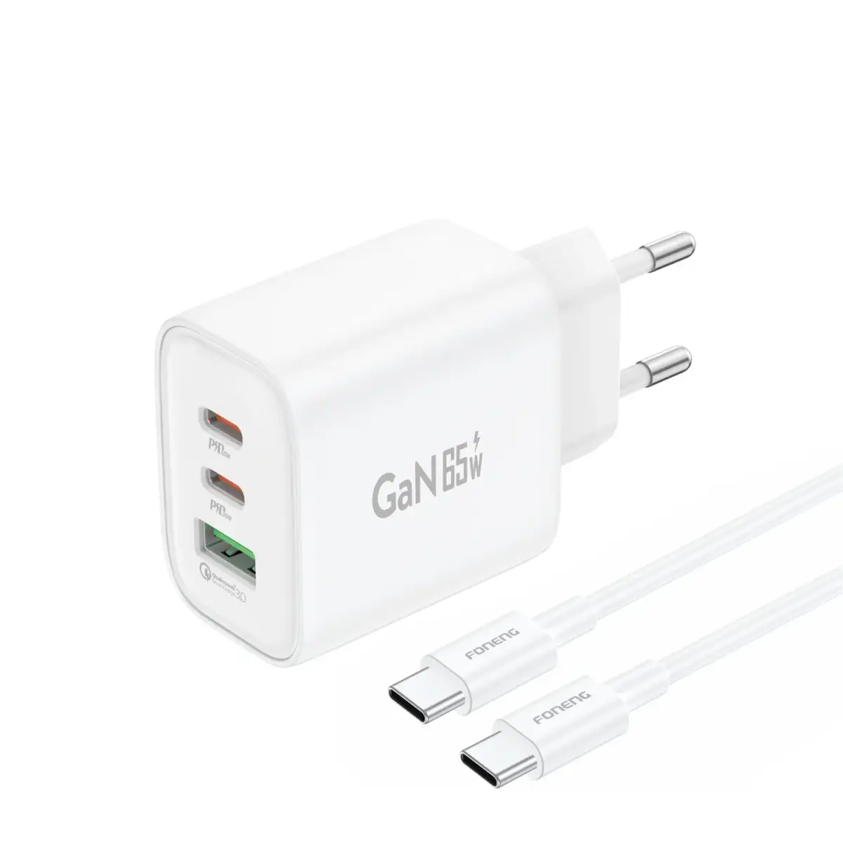 Foneng GaN10-EU travel charger | GaN, PD, QC | USB-C | with Type C cable | white | with USB-C cable included