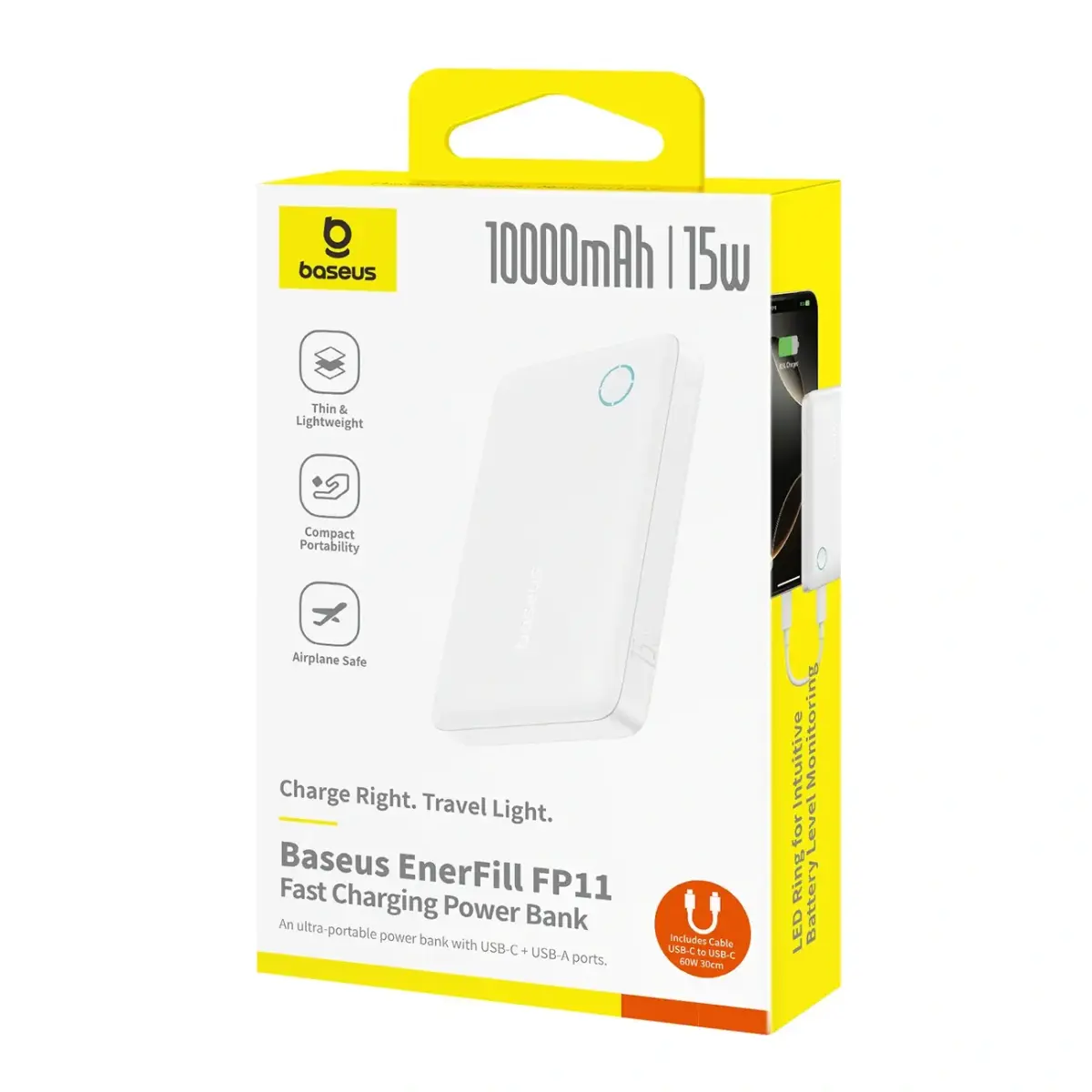 Baseus EnerFill FP11 ārējais akumulators (powerbank) | 10 000 mAh | 15W | USB-C | balts