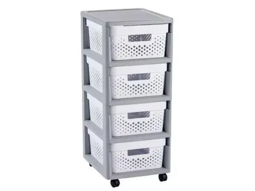 Kumode saliekama uz riteņiem ar 4 caur. kastēm 11L Infinity 30x36x69cm pelēka/balta