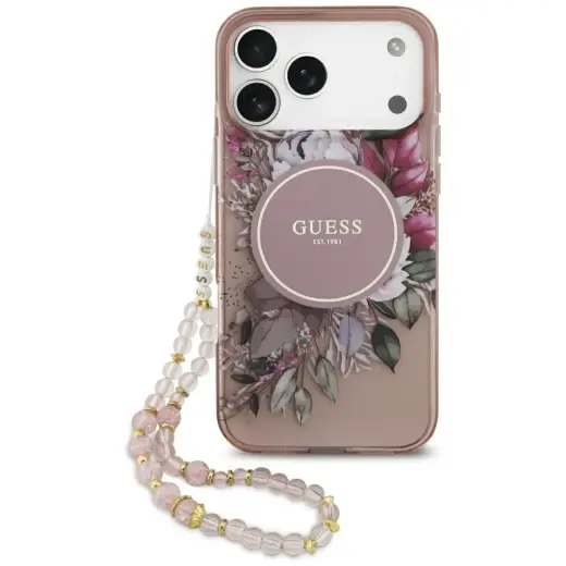 Guess IML Flowers Strap MagSafe Case for iPhone 17 Pro Max Pink