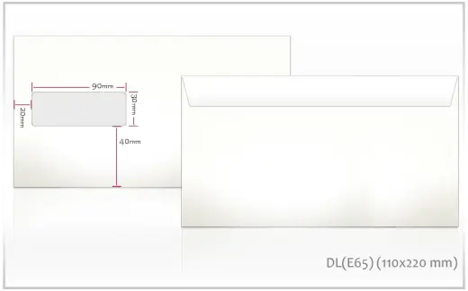 Aploksnes DL HK, E65, 110 x 220 mm, ar logu 30 x 90mm, 75g, baltas, 1000 gab./iepak.