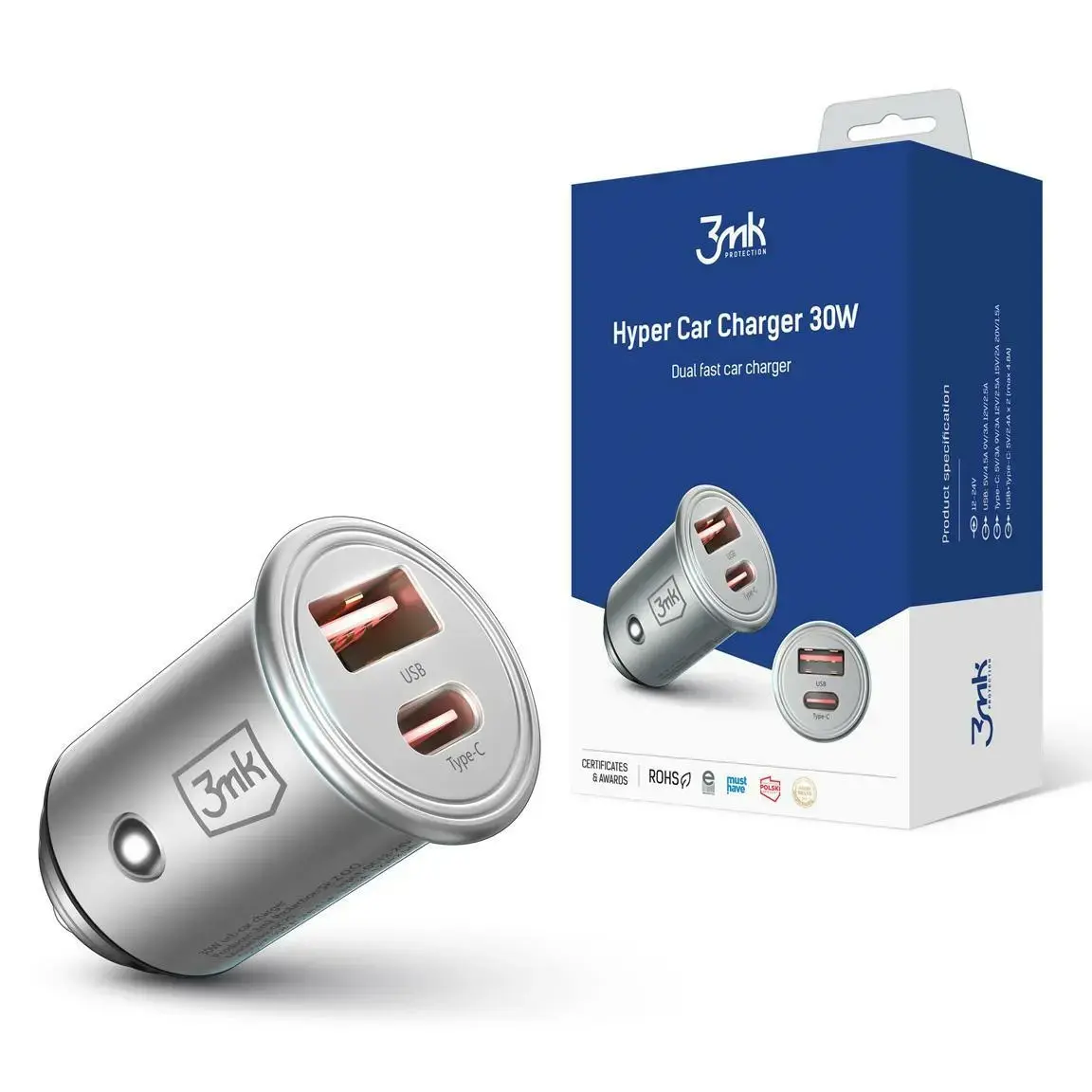 3MK auto lādētājs | 30W | USB-A, USB-C | black
