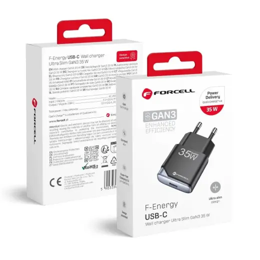 Forcell F-Energy Ultra Slim tīkla lādētājs | 35W | PD, QC, GaN | USB-C | melns