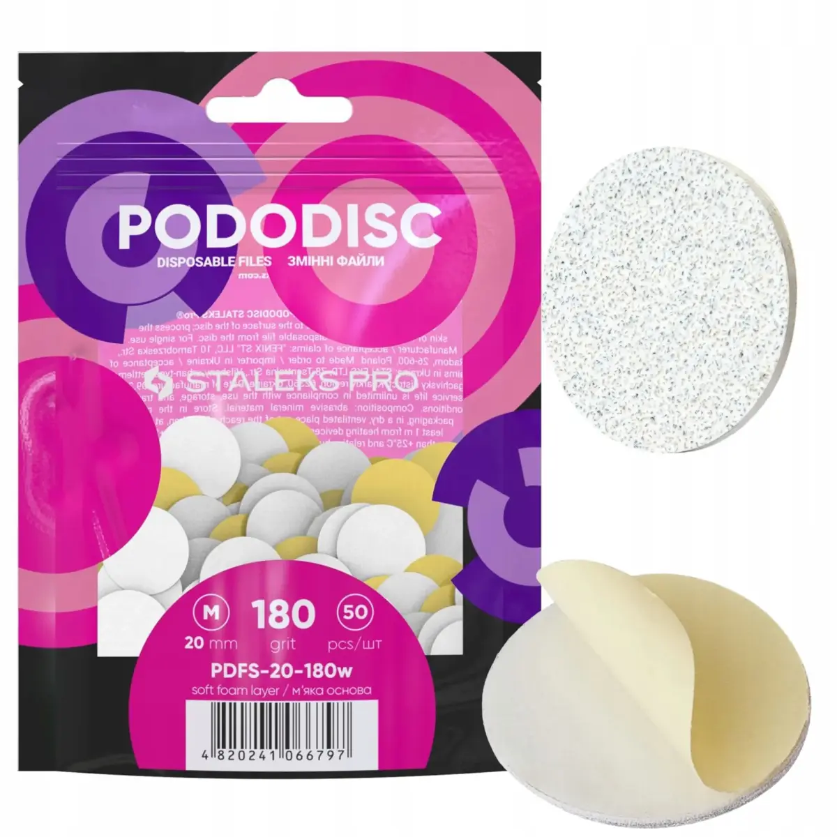 Staleks Pro M Disposable Files Grit 180 White with Soft Foam Layer - Replacement Sandpaper with Foam for Pedicure Disc 50 Pcs