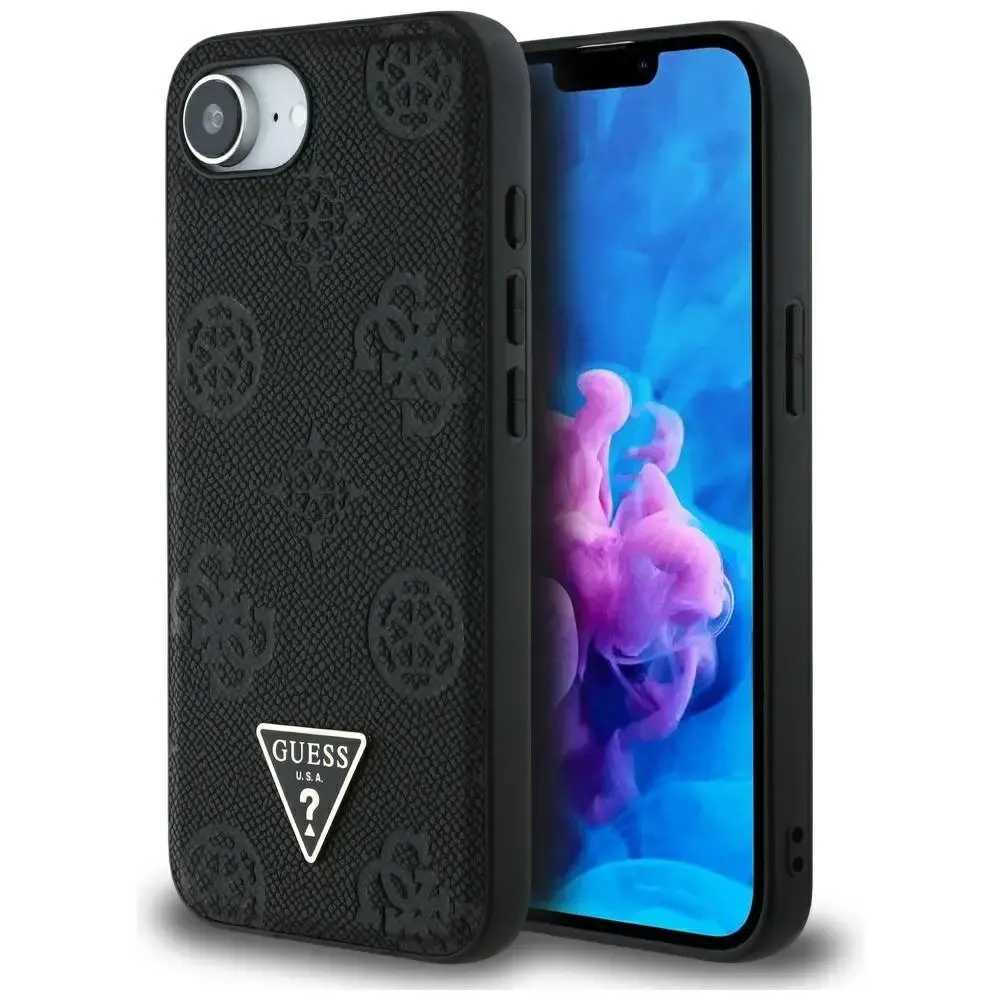 Guess Grained rozā Stamp Peony Triangle Logo telefona maciņš priekš iPhone 16e melns ar MagSafe