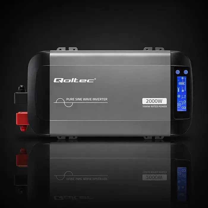 Qoltec Pure Sine Wave Inverter | 12V to 230V | 1000/2000W | LCD | USB | USC-C | Compatible with LiFePO4 GEL AGM