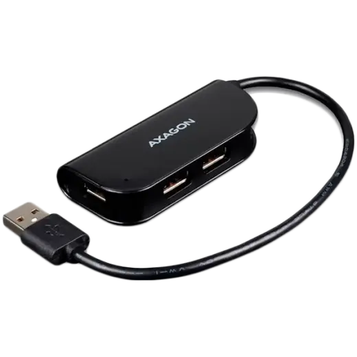 Handy four-port USB 2.0 hub with a permanently connected USB cable. Black.