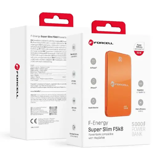 Forcell F-Energy SuperSlim F5K8 ārējais akumulators (powerbank) | 5 000 mAh | 15W | PD, QC | USB-C, MagSafe | oranžs