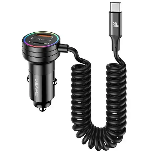 USAMS C33 CC167CC01 automašīnas lādētājs | 60W | USB-C, USB-A | ar atsperes vadu komplektā | melns