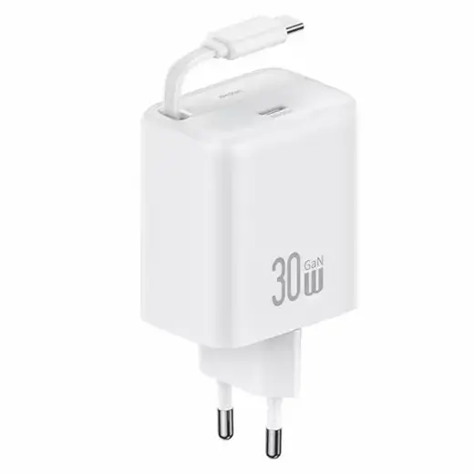 USAMS YC Series travel charger | 30W | GaN, PD, QC | USB-C | with USB-C to USB-C cable included | white