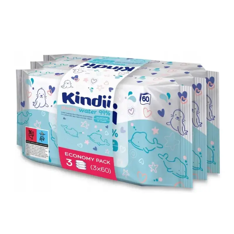 Niisked salvrätikud beebidele Kindii Pure Water 99% 3x60 tk.