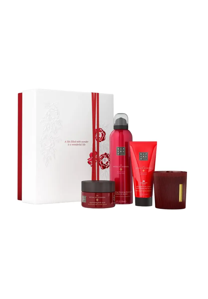Set Rituals: The Ritual Of Ayurveda, Rejuvenating, Body Scrub, 125 g + The Ritual Of Ayurveda, Balancing, Body Cream, 100 ml + The Ritual Of Ayurveda, Floral, Scented Candle, 140 g + The Ritual Of Ayurveda, Shower Mousse, 200 ml