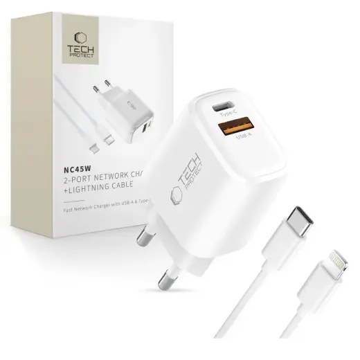 Tech-Protect NCA45W-GAN tīkla lādētājs | 45W | PD, QC, GaN | USB-C, USB-A | ar USB-C uz Lightning vadu komplektā | balts