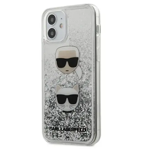 Karl Lagerfeld KLHCP12SKCGLSL Liquid Glitter 2 Heads maciņš telefonam iPhone 12 Mini sudraba krāsā