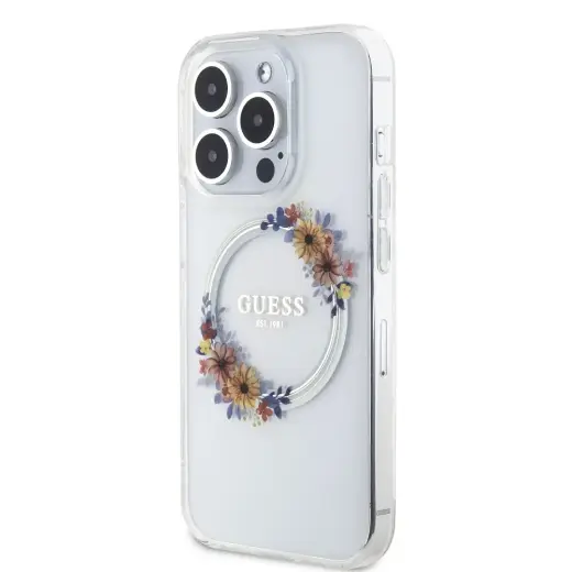 Guess PC|TPU Flowers Ring Glossy Logo MagSafe Case for iPhone 15 Pro Max Transparent