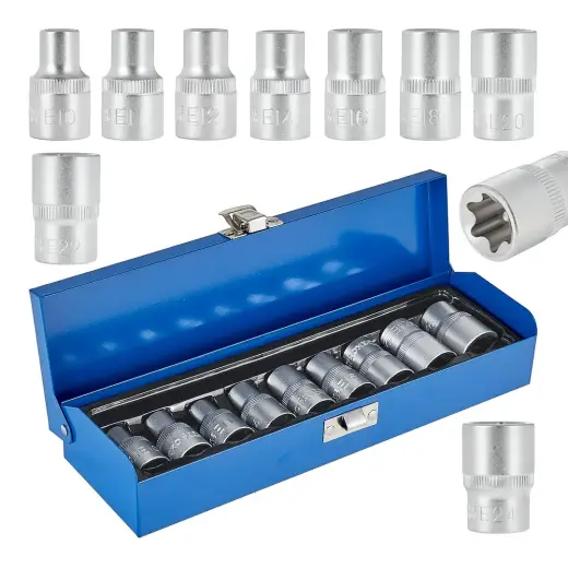 TORX padrunite komplekt E10-E24 CrV 1/2", 9 tk, metallkarbis
