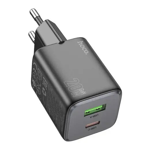 HOCO N41 tīkla lādētājs | 20W | PD, QC, GaN, PPS | USB-C, USB-A | melns