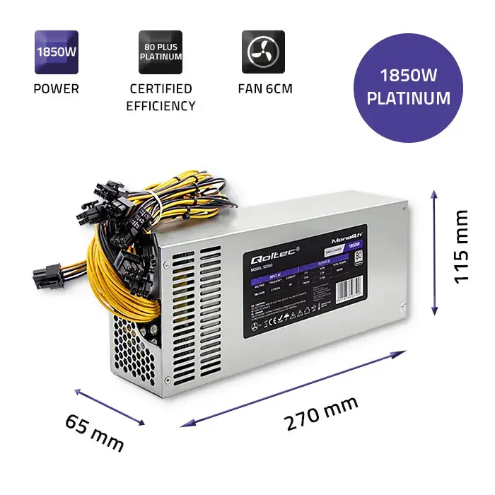 Qoltec POWER SUPPLY 1850W PCI-E| 80 Plus Platinum | Data mining