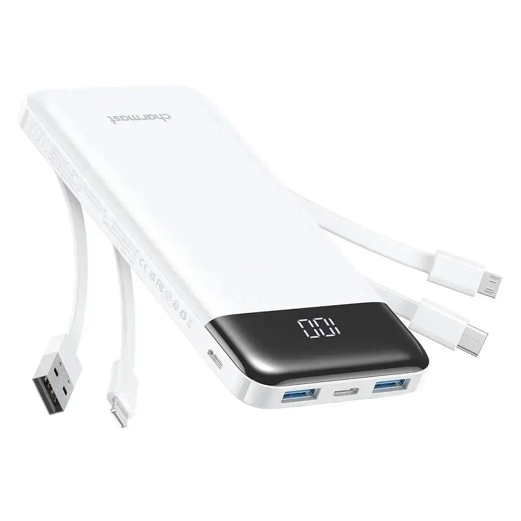 Charmast W1148 išorinė baterija (powerbank) | 10 000 mAh | 15W | USB-A, USB-C, Lightning, Micro USB | baltas