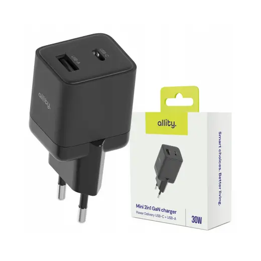 Allity wall charger GaN PD QC ATC-01-30WAC 1x USB-C 1x USB-A 30W black