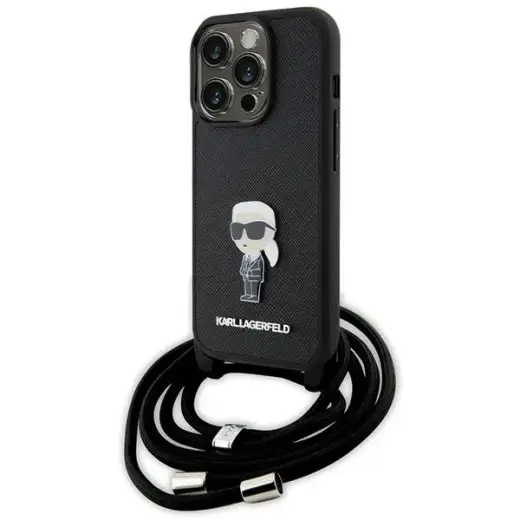 Karl Lagerfeld KLHCP15LSASKNPSK iPhone 15 Pro 6.1" hardcase czarny|black Crossbody Saffiano Monogram Metal Pin Karl & Choupette