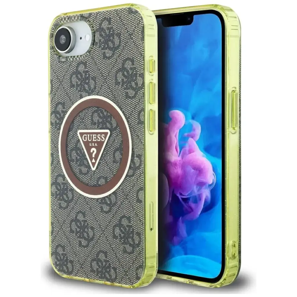 Guess IML Metāla Glitter 4G Circle Triangle MagSafe telefona maciņš iPhone 16e brūns