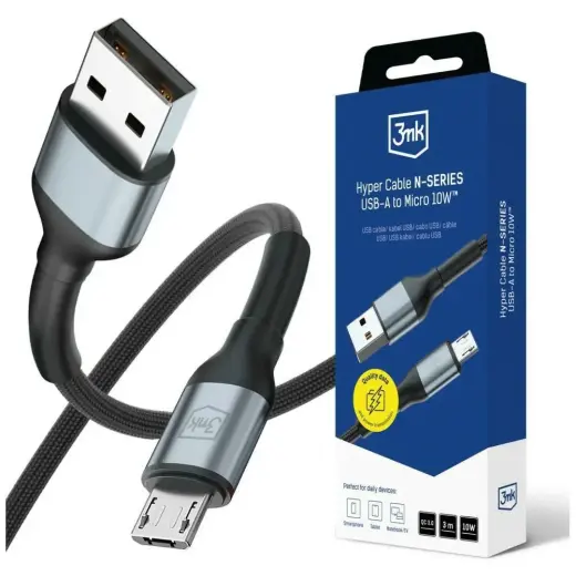3MK Hyper N-SERIES duomenų perdavimo ir įkrovimo laidas | USB-A į Micro USB | QC 3.0 | 10W | juodas