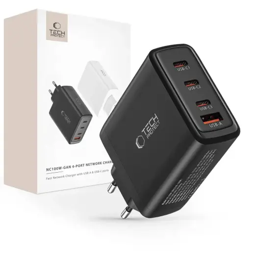 Tech-Protect NC100W-GAN travel charger | 100W | GaN, PD, QC 3.0 | USB-C, USB-A | black