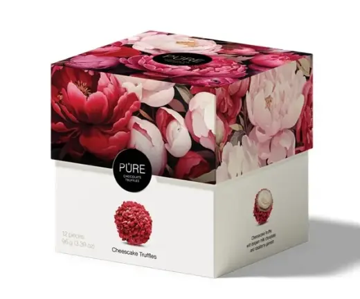 Piena šokolādes trifeles ar siera kūkas krēma pildījumu un dekoru 12 PAVASARIS 96g, PURE CHOCOLATE