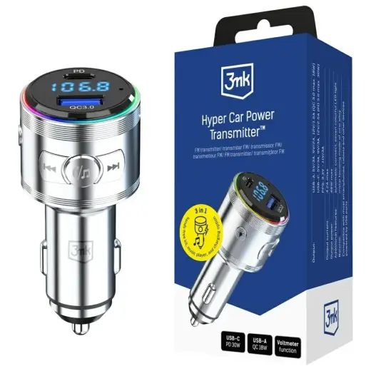 3MK Hyper Car Power Transmitter 48W | QC, PD, PPS | USB-C, USB-A | серебристый
