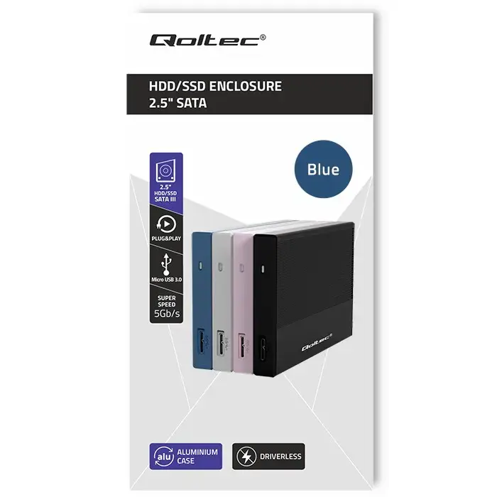 Qoltec Aluminium Enclosure | SSD HDD 2.5'' drive | SATA | USB 3.0 | Super speed 5Gb/s | 2TB | Blue