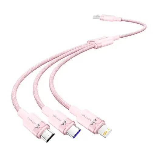 Vention CTRPG 3-in-1 datu pārraides un uzlādes vads | USB-A uz USB-C/Lightning/Micro USB | 120W | 1.5m | rozā