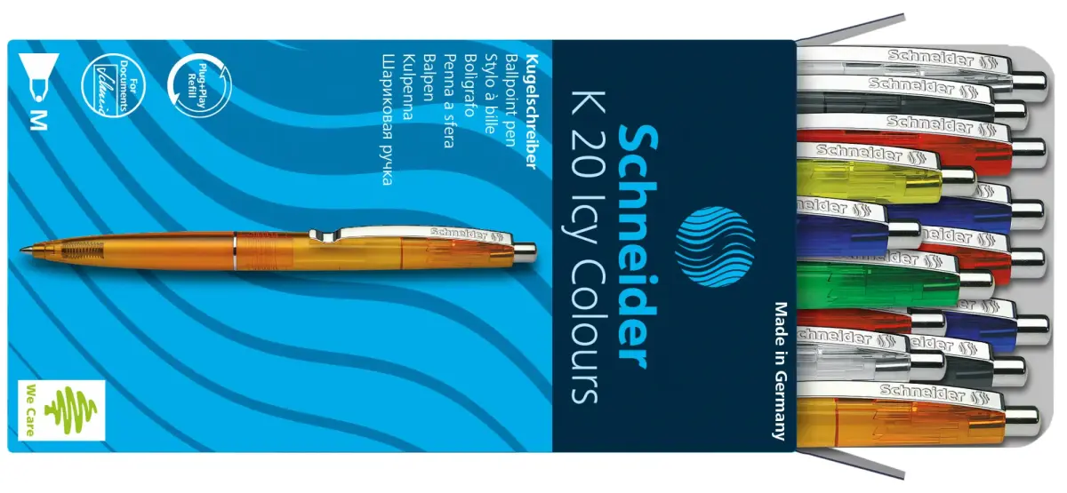 Lodīšu pildspalva SCHNEIDER ICY COLOURS K20, asorti caurspīdīgs korpuss, zila