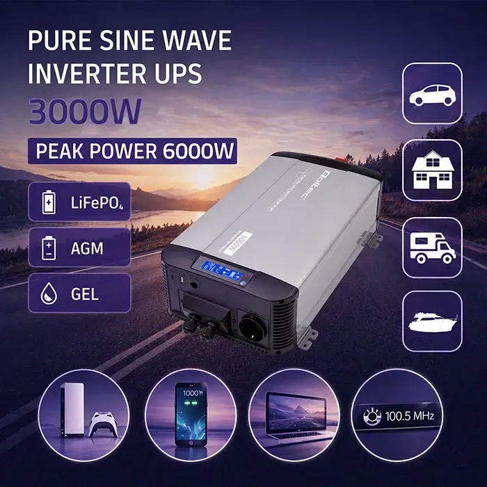 Qoltec Pure Sine Wave Inverter with UPS | 12V to 230V | 3000/6000W | USB | Compatible with LiFePO4 GEL AGM