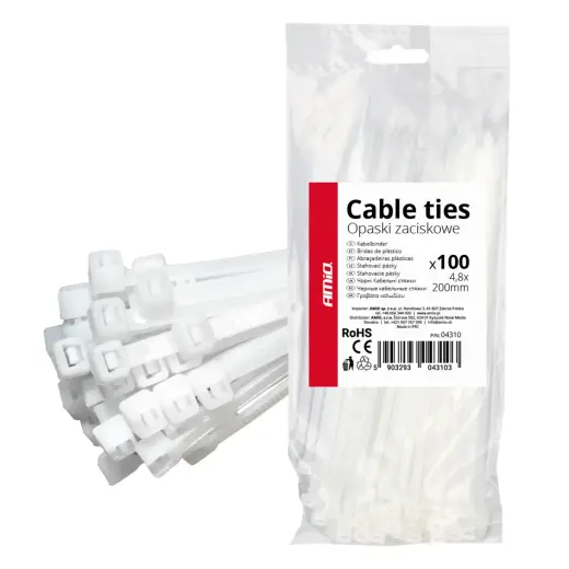 White cable ties 4.8×200mm 100 pcs. AMIO-04310